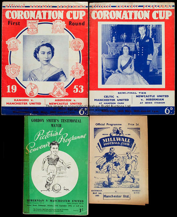 Three Manchester United friendly programmes from season 1952-53, all aways, Hibernian 15th September...