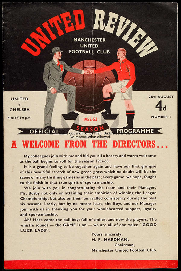 21 Manchester United home programmes from season 1952-53, issues 1-17 & 19-22, 20 League & 1 Cup