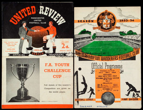 Manchester United v Wolverhampton Wanderers programme for the 1954 F.A. Youth Cup final 1st Leg, tog...