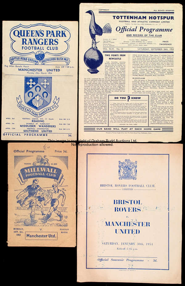 A complete set of 25 Manchester United away programmes from season 1953-54, 21 League, 1 Cup, Reg Al...