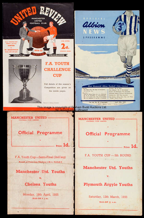 5 Manchester United F.A. Youth Cup programmes from season 1954-55, Plymouth Argyle (5th, home), Chel...