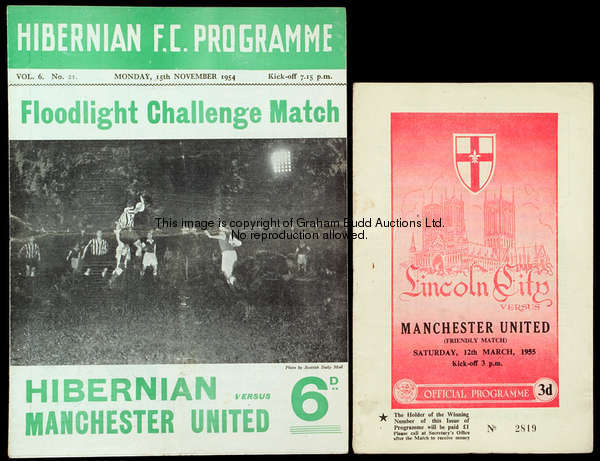 2 Manchester United away friendly programmes from season 1954-55, Hibernian 15th November & Lincoln ...