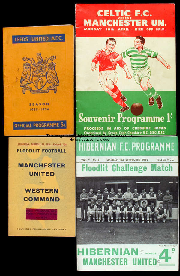 5 Manchester United away friendly programmes from season 1955-56, Hibernian 19th September, Leeds Un...