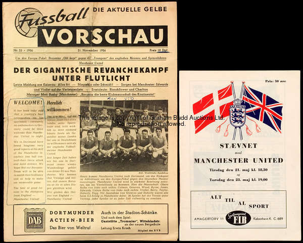 Two Manchester United away programmes in Europe from season 1956-57, Borrusia Dortmund 21st November...