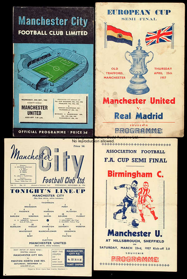 Five Manchester United programmes from season 1956-57, Charity Shield & Manchester Senior Cup s/f bo...