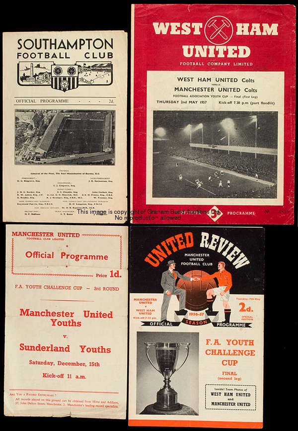 Six Manchester United F.A. Youth Cup programmes from season 1956-57, Sunderland (home), Blackburn Ro...