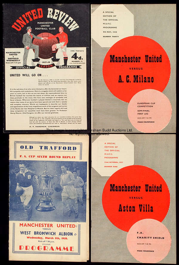 30 Manchester United home programmes from season 1957-58, 21 League, 3 Cup, 1 'pirate' Cup replay v ...