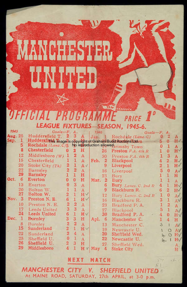 11 Manchester United single sheet home programmes, season 1945-46, Everton, Burnley (Lancs Cup final...