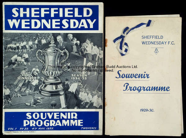 Two Sheffield Wednesday souvenir programmes, Arsenal 7.9.1929, card covers with blue & white ribbon;...
