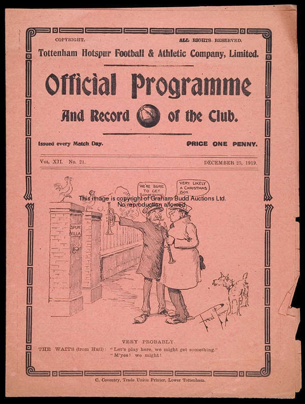 Six Tottenham Hotspur home programmes, Hull City 25.12.1919, reserves v Brentford 26.12.1919, reserv...