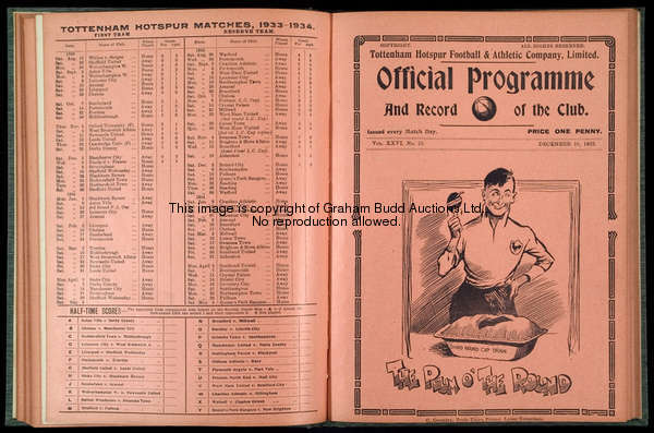 A bound volume of Tottenham Hotspur programmes season 1933-34, first-team League & Cup, reserves, pl...