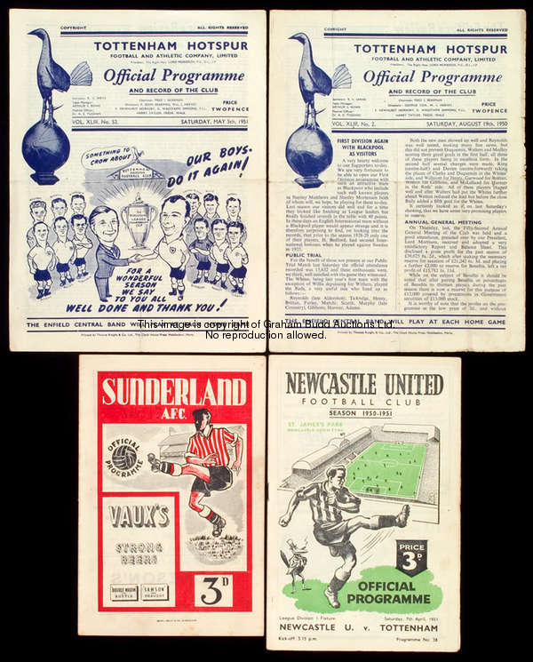 35 Tottenham Hotspur programmes from the 1950-51 Championship winning season, League, 17 homes & 16 ...