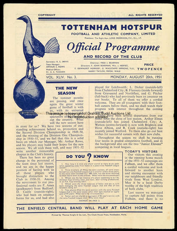 78 Tottenham Hotspur home programmes, 18 x 1951-52, 18 x 1952-53, 23 x 1953-54, 9 x 1954-55, 2 x 195...