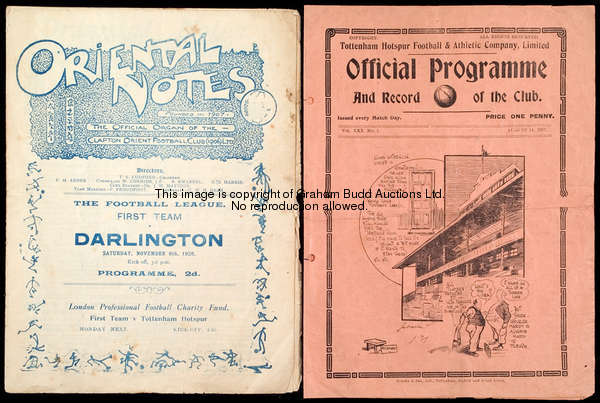 Two pre-war programmes, Clapton Orient v Darlington 6th November 1926, & Whites v Stripes Tottenham ...