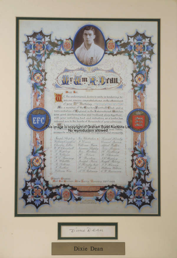 A Dixie Dean autographed display, containing a colour facsimile of a 21st birthday illuminated addre...