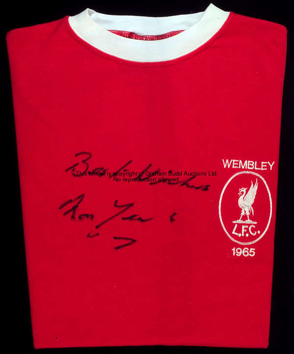 Ron Yeats & Kevin Keegan: a pair of signed red Liverpool replica jerseys, a TOFFS 1965 F.A. Cup fina...