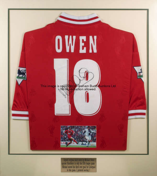 The signed red Liverpool No.18 jersey worn by Michael Owen in only his 5th League appearance v Black...
