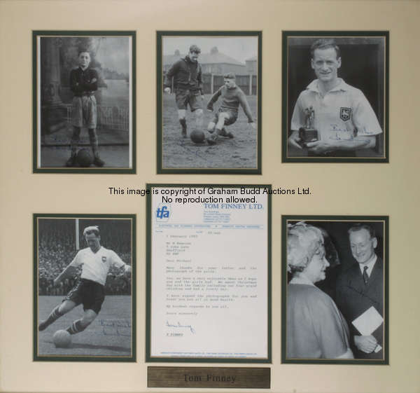 A Sir Tom Finney autographed photo montage, five b&w photographs all signed in blue biro together wi...