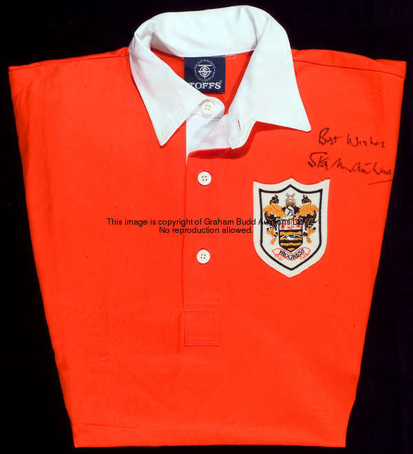 Stanley Matthews & Nat Lofthouse: a pair of signed TOFFS replica F.A. Cup final shirts, a tangerine ...