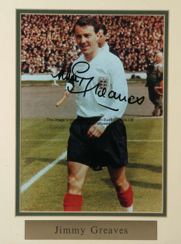 England strikers: a group of four signed colour photographs, comprising: Jimmy Greaves, Alan Shearer...