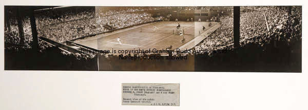 Fred Perry photographic memorabilia, comprising: a panoramic b&w press photograph of the 1936 men's ...