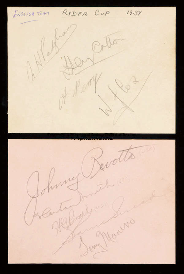 The autographs of the 1937 British Ryder Cup team, signed in pencil on two pages removed from an alb...