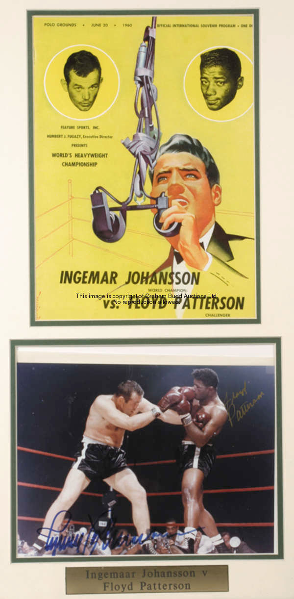 A Floyd Patterson autographed display, comprising a signed colour photograph of Patterson fighting I...