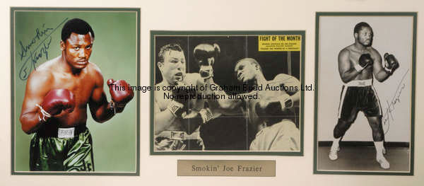 A Smokin' Joe Frazier framed autographed display, the mount containing three photographs (one from a...