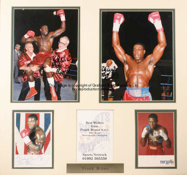 Four autographed framed photographic displays of boxers, comprising: a multi-signed Frank Bruno mont...