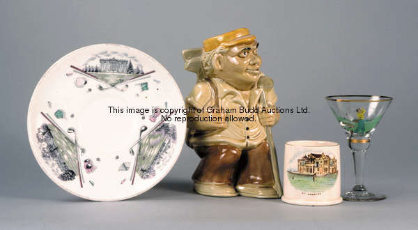 A collection of ceramic & glass decorative golfing items, including a Doulton plate inscribed 'All F...