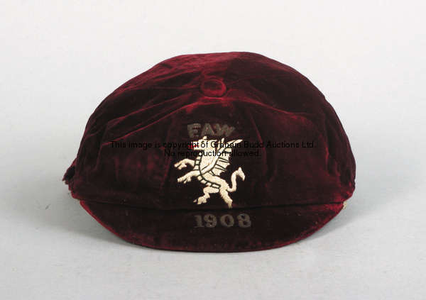 Billy Meredith: a red Wales international cap dated 1908, with embroidered white dragon and inscribe...