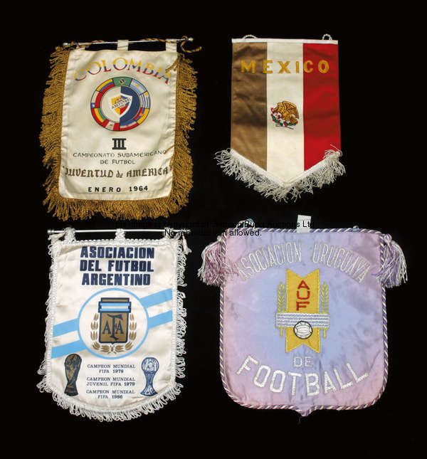 Four official South American football pennants, i) in embroidered satin, inscribed ASOCIACION URUGUA...