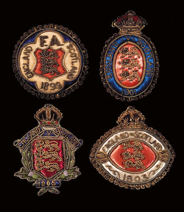 Four Football Association Council Members' international match day badges, by George Kenning & Son, ...