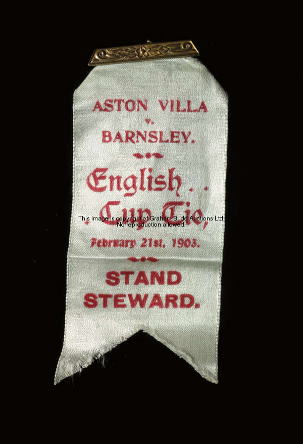 A steward's lapel ribbon for the Aston Villa v Barnsley F.A. Cup tie 21st February 1903, red printin...