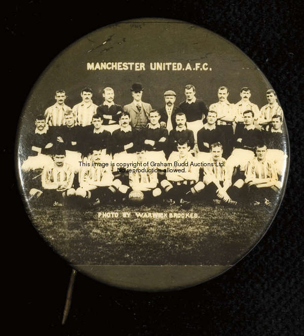 A rare and early Manchester United pin badge with a photographic team-group portrait of the 1902-03 ...