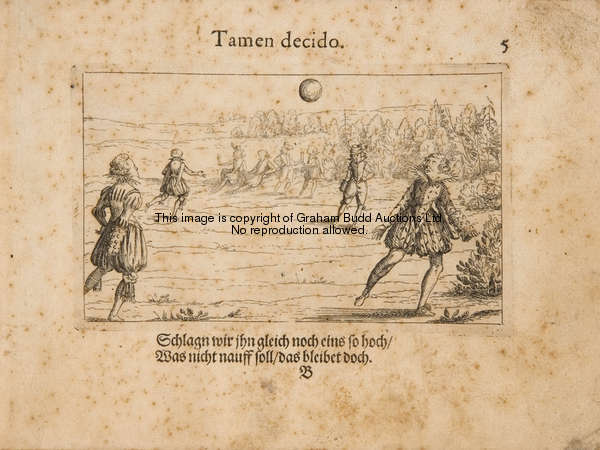 An antiquarian print depicting football being played in the costume of the late 16th century, titled...