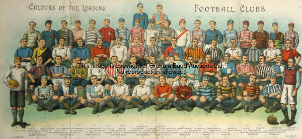 A Victorian lithograph titled Colours of the Leading Football Clubs, published circa 1880, with key ...