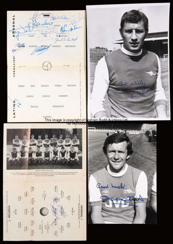 Signed Arsenal photographs & programmes, including signed b&w press photos of Hollins, Storey, Neill...