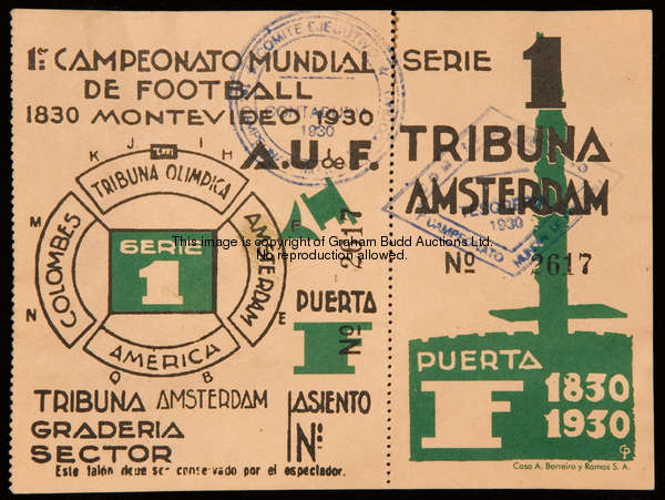 An unused Serie 1 ticket for the 1930 World Cup, for the Group 3 match between Uruguay & Peru, the f...