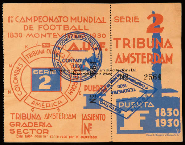 An unused Serie 2 ticket for the 1930 World Cup, issued for admittance to the two Group 1 matches pl...