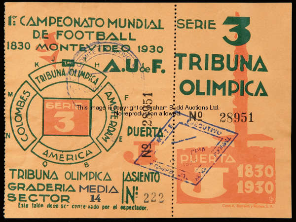 An unused Serie 3 ticket for the 1930 World Cup, issued for joint admittance to the Group 2 Brazil v...