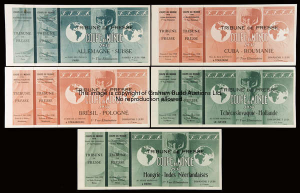 Five unused 'Tribune de Presse' tickets for 1938 World Cup 1st Round matches, comprising the opening...