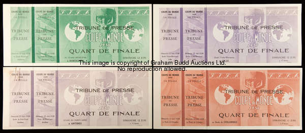 A set of four unused 'Tribune de Presse' tickets for 1938 World Cup quarter-finals, all played on 12...