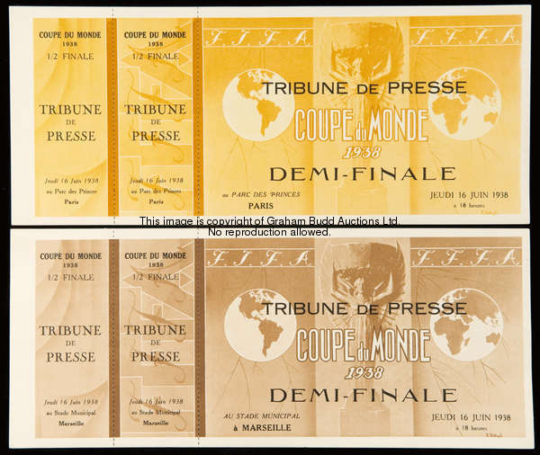 A pair of unused 'Tribune de Presse' tickets for 1938 World Cup semi-finals, both played on 16th Jun...