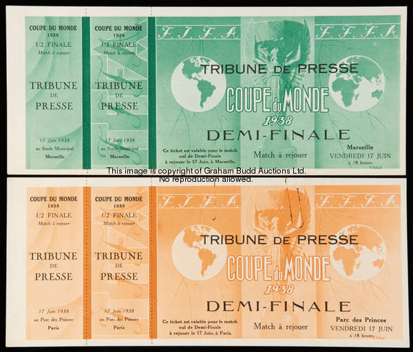 A pair of unused 'Tribune de Presse' tickets printed in anticipation of semi-final replays at the 19...