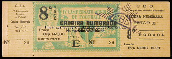 A very rare unused ticket for the 1950 World Cup final, 8 Rodada, Brazil v Uruguay at the Maracana, ...