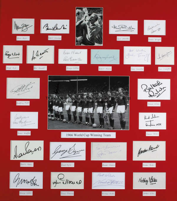 A 1966 World Cup display fully-signed by the 22-man England squad, comprising a central b&w photogra...