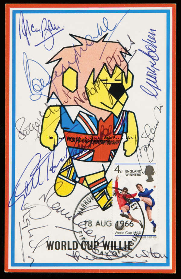 A World Cup Willie postcard fully-signed by the 11 England 1966 World Cup finalists, with a first da...