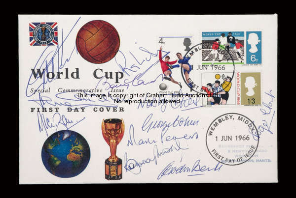 A 1966 World Cup first day cover fully-signed by the eleven England World Cup finalists, signed in b...