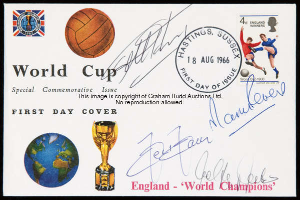 A 1966 World Cup first day cover signed by the four goalscorers, signed in blue & black pen by Sir G...